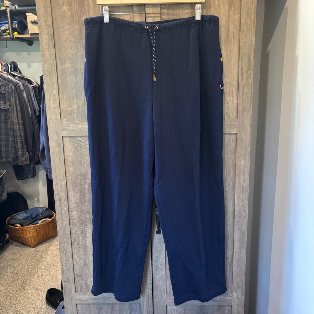 Lauren Ralph Lauren 2X Pull On Pants Navy Blue Cotton Knit Drawstring Nautical